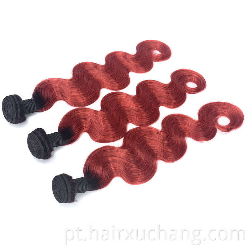 Amostra de cabelo de amostra grátis Cutícula alinhada Cabelo birmanês Cabelo indiano Onda de dois tons ombre 1b/Red Virgin Human Hair